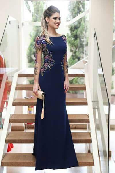 Sheath Long Sleeves Navy Blue Prom Dresses With Floral Embroidery PDJ65