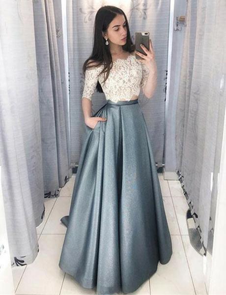Two Piece Off the Shoulder Half Sleeves Prom Dress With Lace Top PDJ64