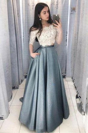 Two Piece Off the Shoulder Half Sleeves Prom Dress With Lace Top PDJ64