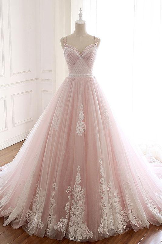 Pink Tulle Prom Dress with Lace Appliques, A Line Formal Evening Party Dresses PDJ50