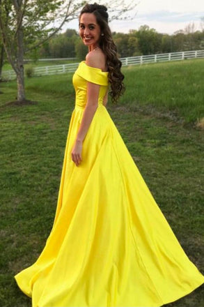 Yellow Off The Shoulder A Line Prom Dress,Long Evening Gown With Pockets PDJ67