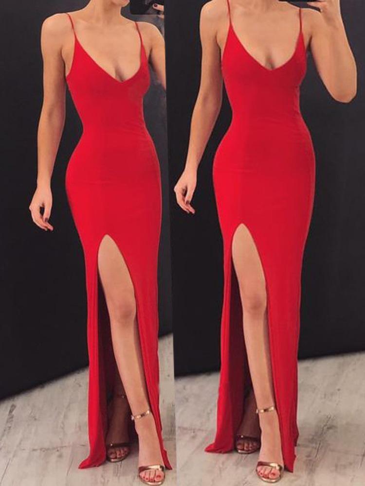 Sexy Mermaid Spaghetti Straps Red Side Slit Long Prom Dresses PDK5