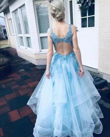 A Line Sky Blue Tulle Prom Dresses with Lace Appliques, Open Back Formal Dress OM0269
