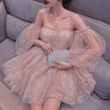 Sparkly Puff Long Sleeves Short Prom Dress, Off the Shoulder Lace Homecoming Dresses HD05