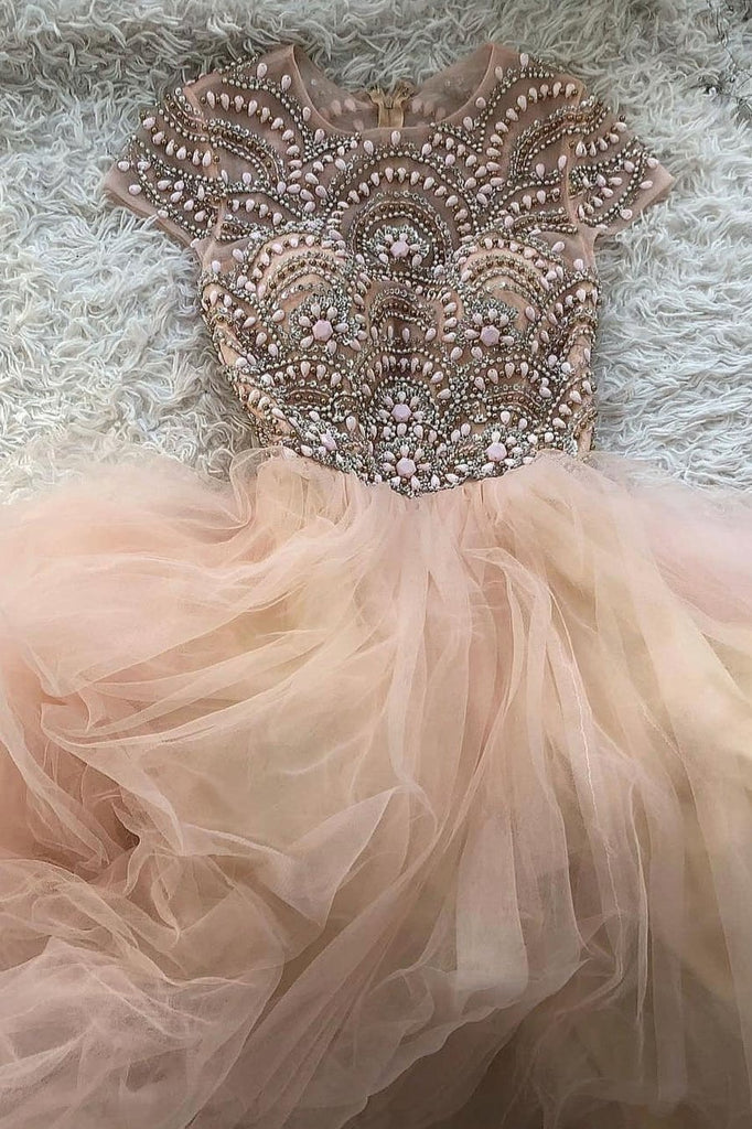 Pink Tulle Beads Long Prom Dress A Line Formal Evening Dress PDP61