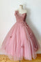 Pink Spaghetti Straps Tulle Tea Length Prom Dress Bridesmaid Dress PDQ47