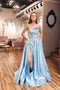 Strapless Satin Light Blue Slit A Line Simple Prom Dresses With Pocktets PDP86