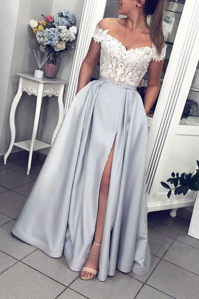 Gray Lace Appliques Off Shoulder Satin Long Prom Dress With Pockets Evening Dress PDQ42