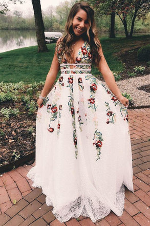 A Line V Neck Flower Appliques Prom Dresses, Long Evening Dresses PDG76