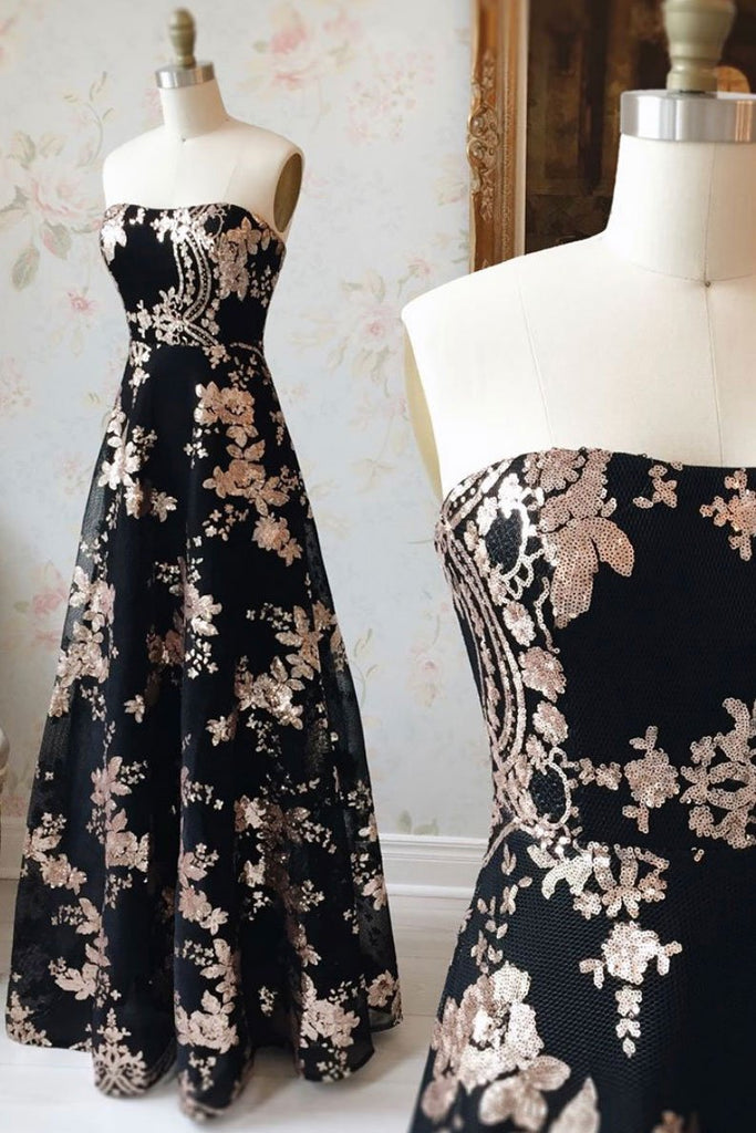A Line Strapless Black Sequin Long Prom Dress Charming Evening Dress PDQ48