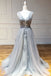 Gray A Line Round Neck Appliques Tulle Long Prom Dress Evening Dress PDQ52
