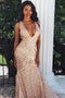 Charming Mermaid Backless Sequins Rose Gold Long Prom Dress PDK75