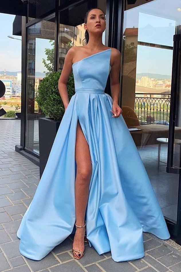 Simple One Shoulder Light Sky Blue Satin Evening Dress With High Split, Prom Dresses PD137