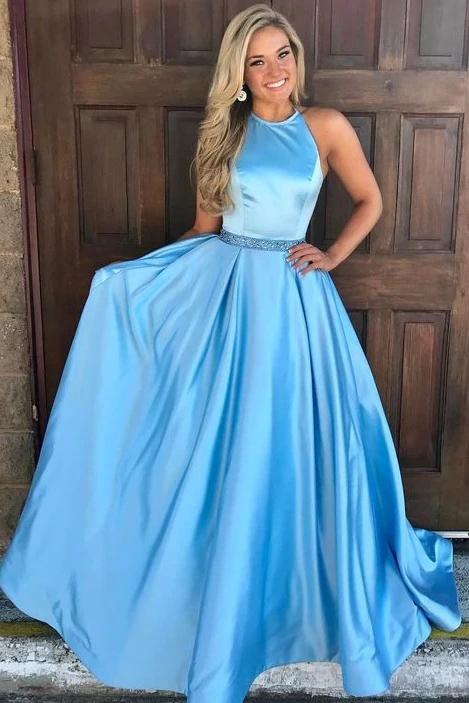 Simple A-line High Neck Prom Dresses Ice Blue Satin Evening Dresses With Beading TD21