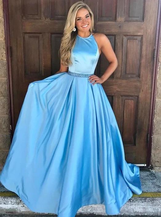 A-line long prom dresses ice blue simple evening dress with beading mg172