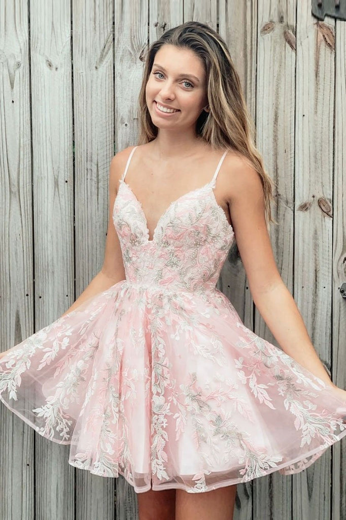 Spaghetti Strap A Line Appliques Pink Homecoming Dress, Short Prom Dresses PDQ7