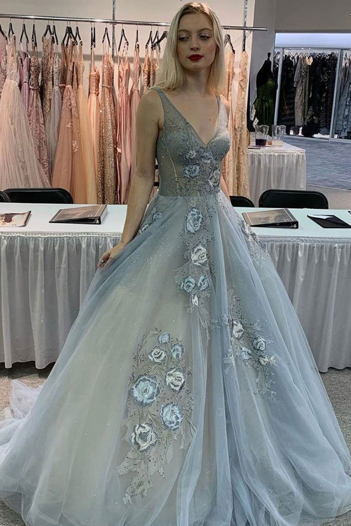 Gray V Neck Tulle Lace Appliques Long Prom Dress Formal Evening Dress PDQ46