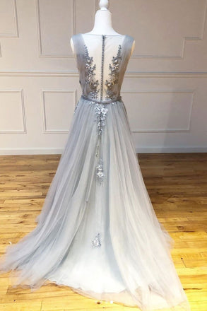 Gray A Line Round Neck Appliques Tulle Long Prom Dress Evening Dress PDQ52