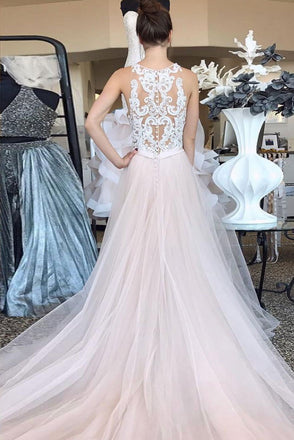 Pearl Pink Tulle A Line Lace Top Long Sleeveless Prom Dresses PDQ2