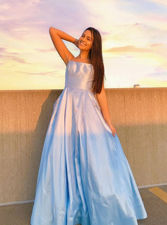 Light blue long prom dress with beaded pockets, long formal graduation dresses mg08
