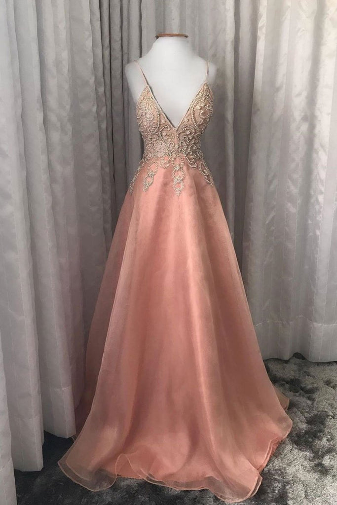 Pink V Neck Tulle Beads Long Prom Dress Spaghetti Straps Evening Dress PDQ53