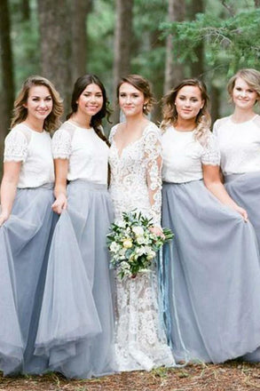 A Line Short Sleeves White Top Gray Long Tulle Bridesmaid Dresses PDG51