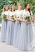 A Line Short Sleeves White Top Gray Long Tulle Bridesmaid Dresses PDG51