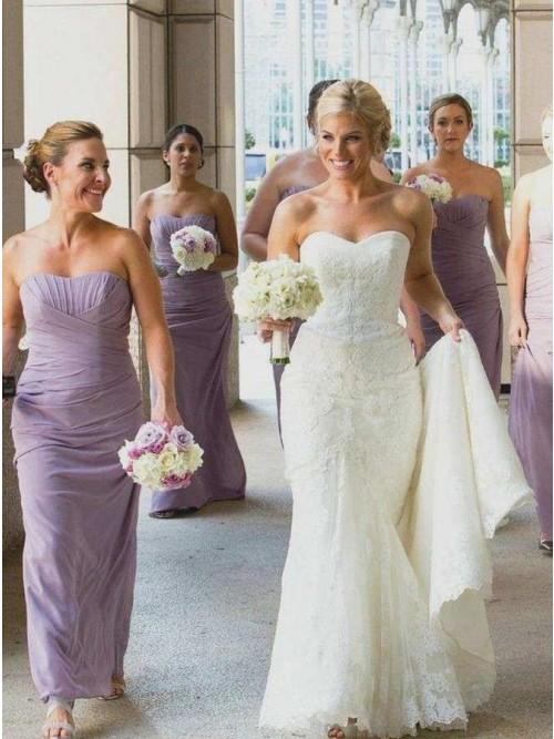 Sheath Sweetheart Floor-Length Lilac Ruched Chiffon Bridesmaid Dress PDS41