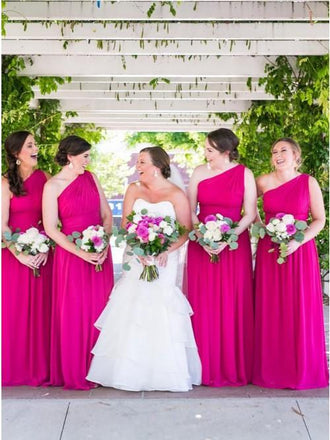 A-Line One-Shoulder Floor-Length Fuchsia Chiffon Bridesmaid Dresses PDS38