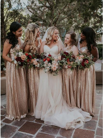 A-Line V-Neck Floor-Length Rose Pink Sequined Bridesmaid Dress PDS42