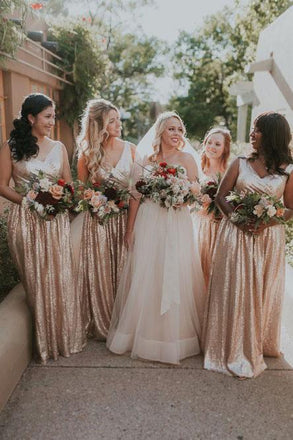 A-Line V-Neck Floor-Length Rose Pink Sequined Bridesmaid Dress PDS42