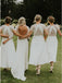 A-Line Short Sleeves Hi-Low Off White Satin Bridesmaid Dress with Lace PDR88