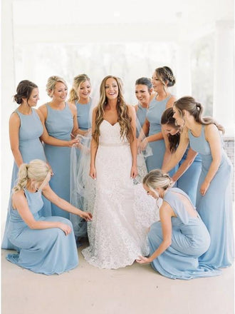 A-Line Round Neck Floor-Length Sky Blue Chiffon Bridesmaid Dress PDR90