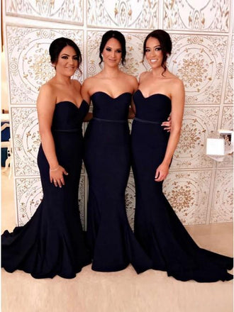 Mermaid Sweetheart Sweep Train Navy Blue Long Bridesmaid Dress PDR92