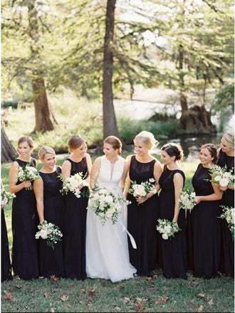 A-Line Round Neck Floor-Length Navy Blue Chiffon Bridesmaid Dress PDR93