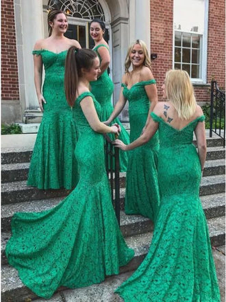 Mermaid Off-the-Shoulder Sweep Train Green Lace Bridesmaid Dress PDR24