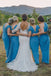 Sheath V-Neck Cold Shoulder Floor-Length Blue Ruched Bridesmaid Dress PDR32
