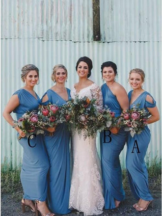 Sheath V-Neck Cold Shoulder Floor-Length Blue Ruched Bridesmaid Dress PDR32