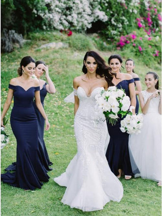 Mermaid Off-the-Shoulder Sweep Train Dark Blue Satin Bridesmaid Dress PDR30