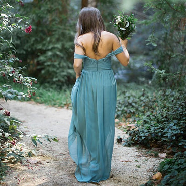 A-Line Off-the-Shoulder Sky Blue Chiffon Long Bridesmaid Dresses PDG60
