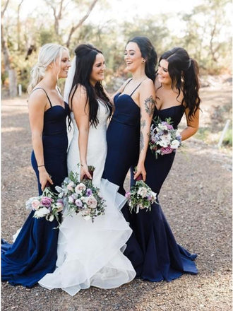 Mermaid Spaghetti Straps Sweep Train Navy Blue Long Bridesmaid Dress PDR25