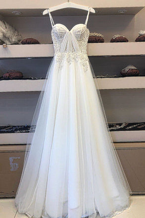 Chic A Line Ivory Spaghetti Straps Tulle Lace Appliques Long Prom Dress Evening Dress PD192