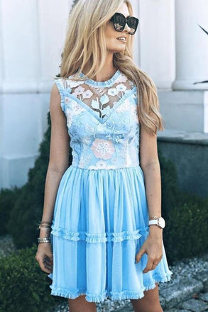 Elegant Jewel Short Cheap Light Blue Tulle Homecoming Party Dresses with Lace PDO50
