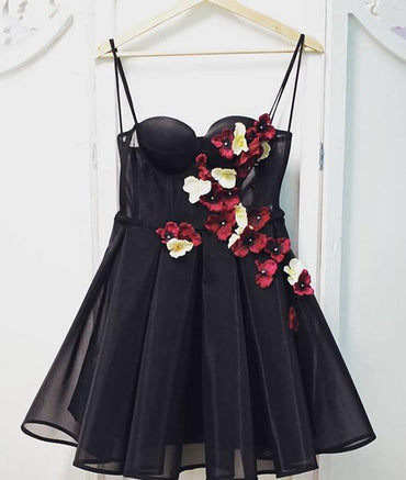 Black Tulle Sweetheart Neck Short Prom Dress, Flowers Homecoming Dress PDP57