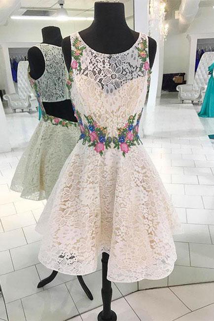 White Lace Short Prom Dress, Floral Appliques homecoming dress PDP60