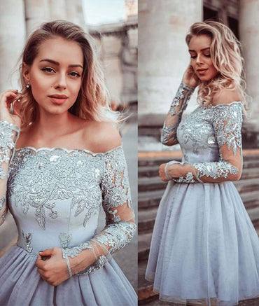 Gray Lace Appliques Tulle Short Prom Dress, Long Sleeves Homecoming Dress PDP55