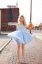 Blue V Neck Tulle Short Prom Dress, A Line Cheap Homecoming Dress PDP46