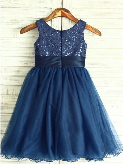 A-Line Round Neck Navy Blue Tulle Flower Girl Dress with Flower PDP21