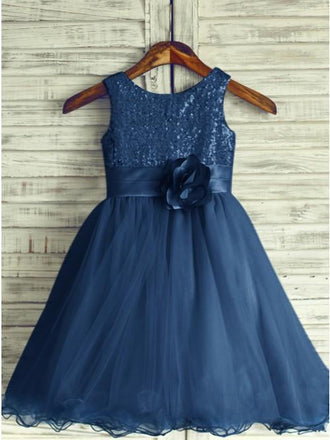A-Line Round Neck Navy Blue Tulle Flower Girl Dress with Flower PDP21