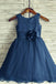 A-Line Round Neck Navy Blue Tulle Flower Girl Dress with Flower PDP21